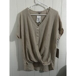 Remixmess Women Taupe Tan Crinkle Button Down Cross Front Twist Hem Shirt Small